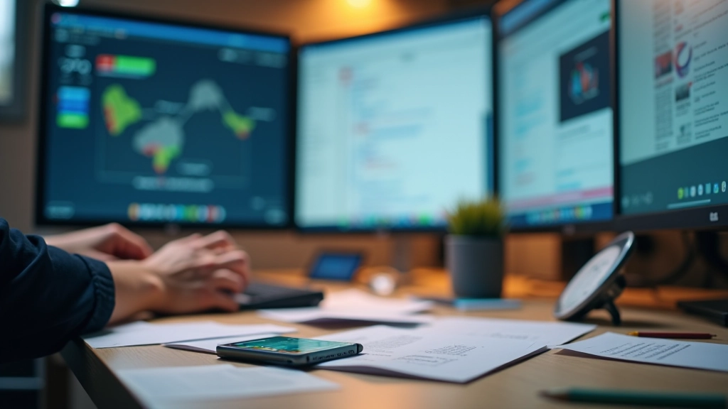 Messy desk with multiple open windows on monitor, papers scattered, phone buzzing with notifications, representing poor environmental setup