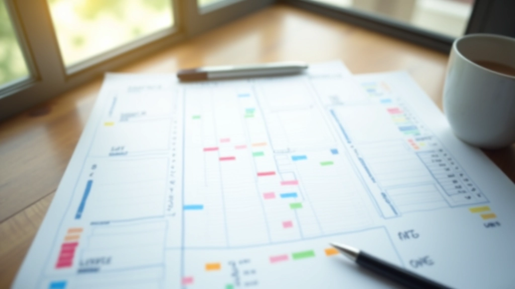 Weekly planner spread with color-coded time blocks showing morning deep work, meetings, and afternoon tasks clearly organized
