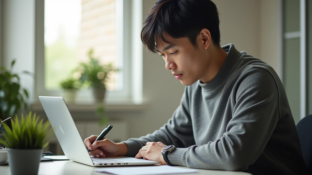 Person working at desk during morning hours with focused concentration, sunlight from window indicating early deep work session